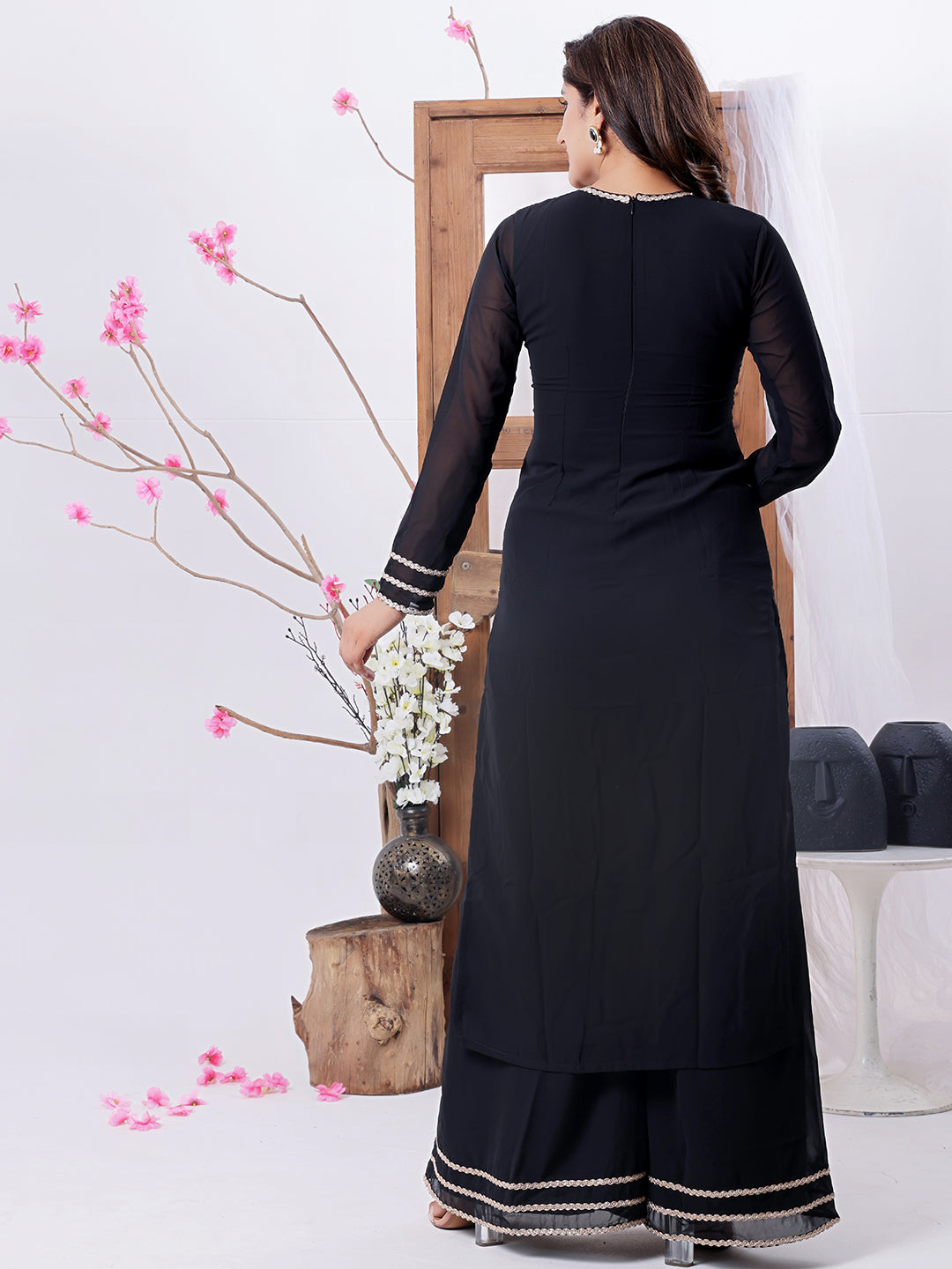 Bollywood Vogue Ready To Wear Black Georgette Embroidered Straight Suit N Palazzo - Detail View