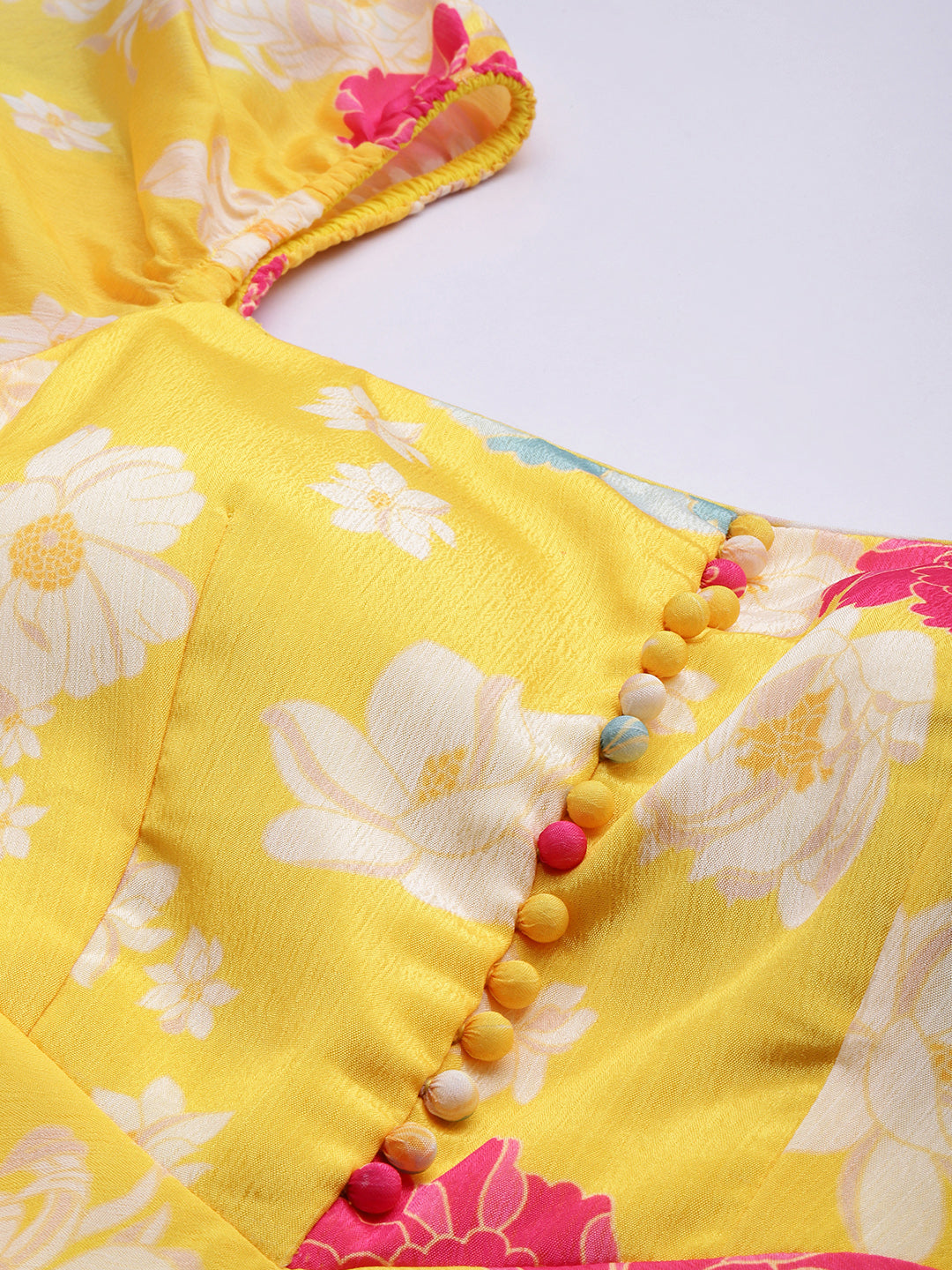 Bollywood Vogue Ready To Wear Yellow Digital Printed Chinon Smocking Dress - Detail View