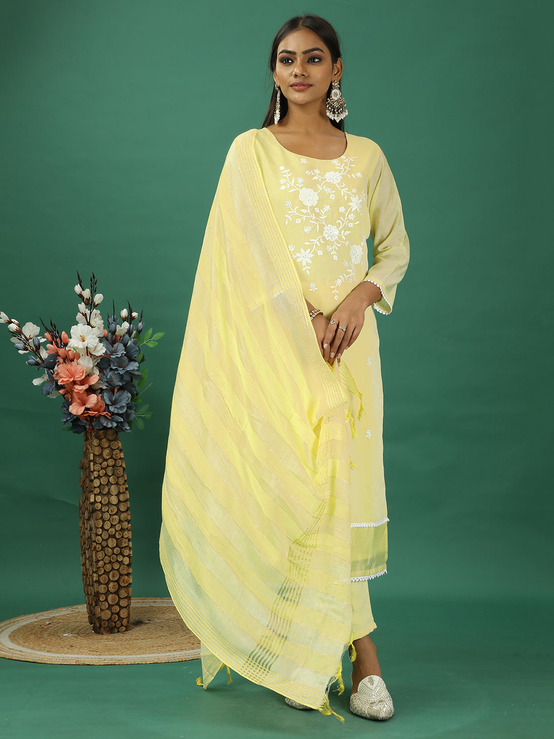Bollywood Vogue Ready To Wear Yellow Art Silk Straight Pant Suit - Front View