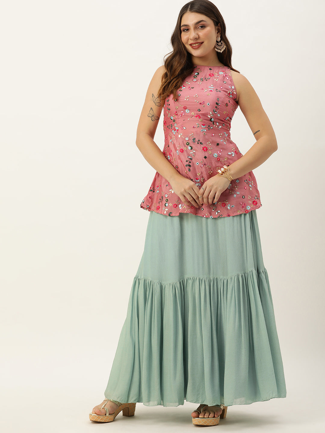 Bollywood Vogue Ready To Wear Rouge Pink N Blue Chinon Embroidered Skirt Set - Front View