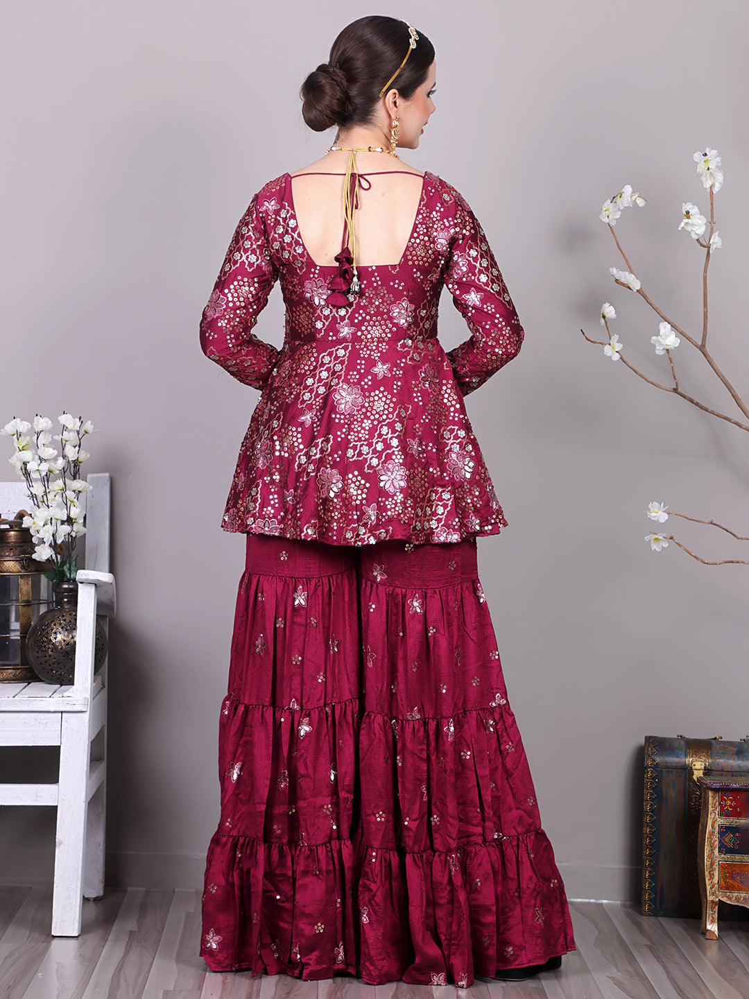 Bollywood Vogue Ready To Wear Chic Top With Art Silk Embroidered Sharara Suit - Detail View