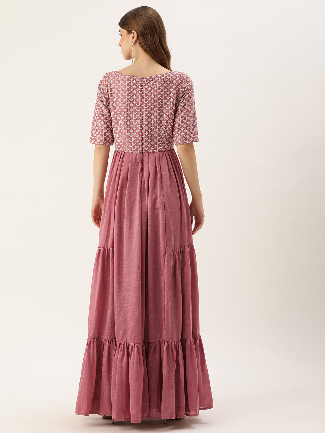 Bollywood Vogue Ready To Wear Mauve Embroidered Art Silk Tiered Gown - Back View