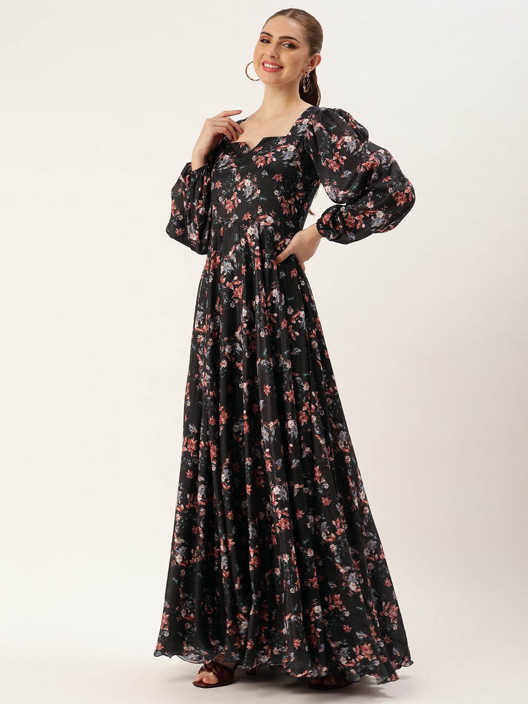 Bollywood Vogue Ready To Wear Black Chinon Digital Printed Gown - Side View
