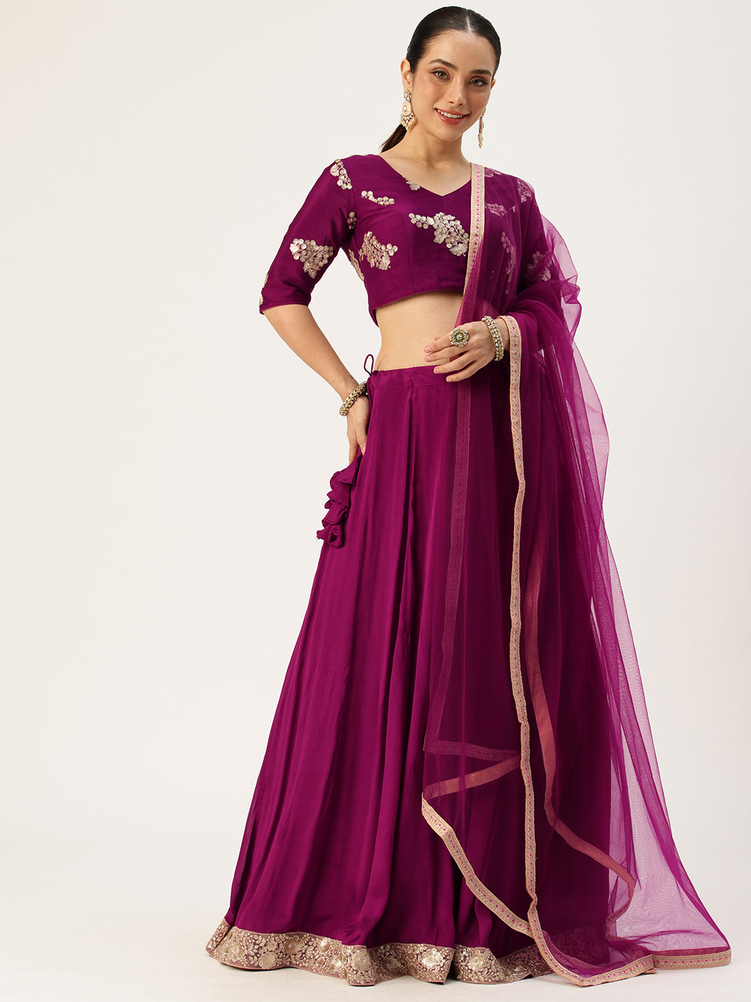 Bollywood Vogue Ready To Wear Purple Chinon Embroidered Lehenga Set - Front View
