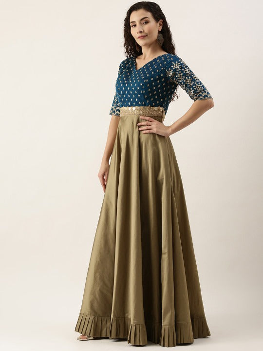 Bollywood Vogue Ready To Wear Blue Chanderi N Prairie Sand Floor Length Gown - Side View