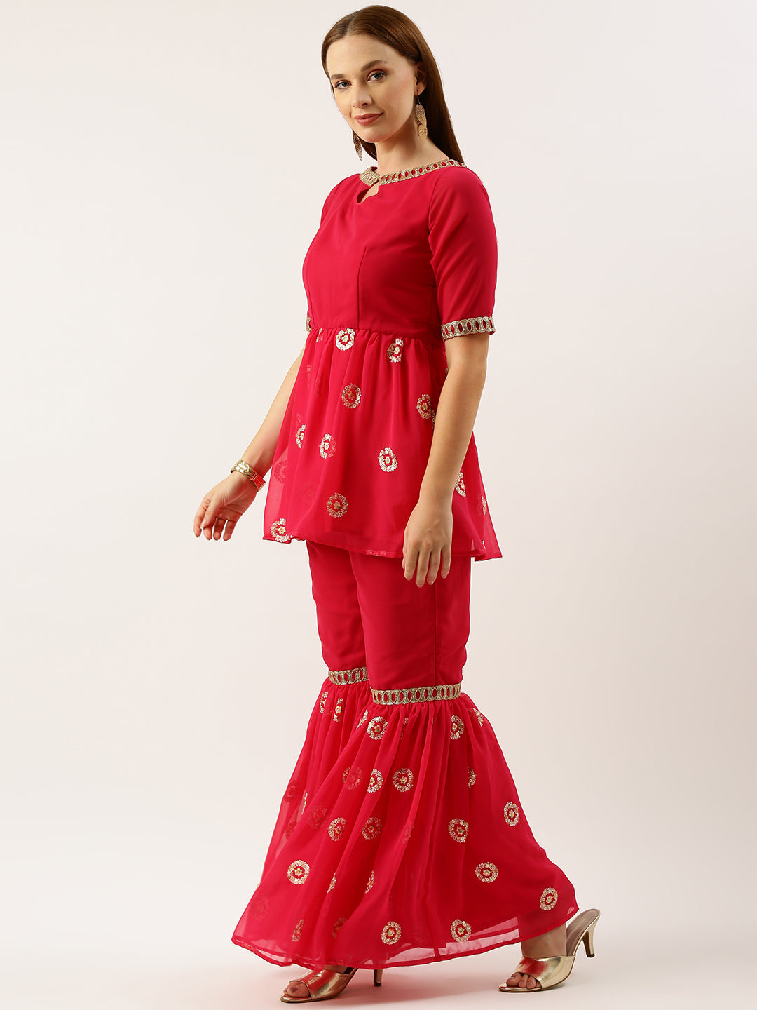 Bollywood Vogue Ready To Wear Dark Pink Georgette Embroidered Gharara Suit Set - Side View