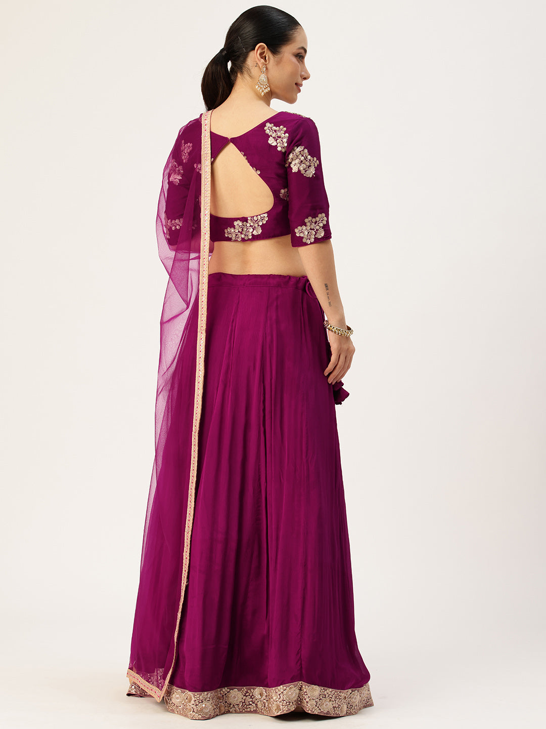 Bollywood Vogue Ready To Wear Purple Chinon Embroidered Lehenga Set - Back View