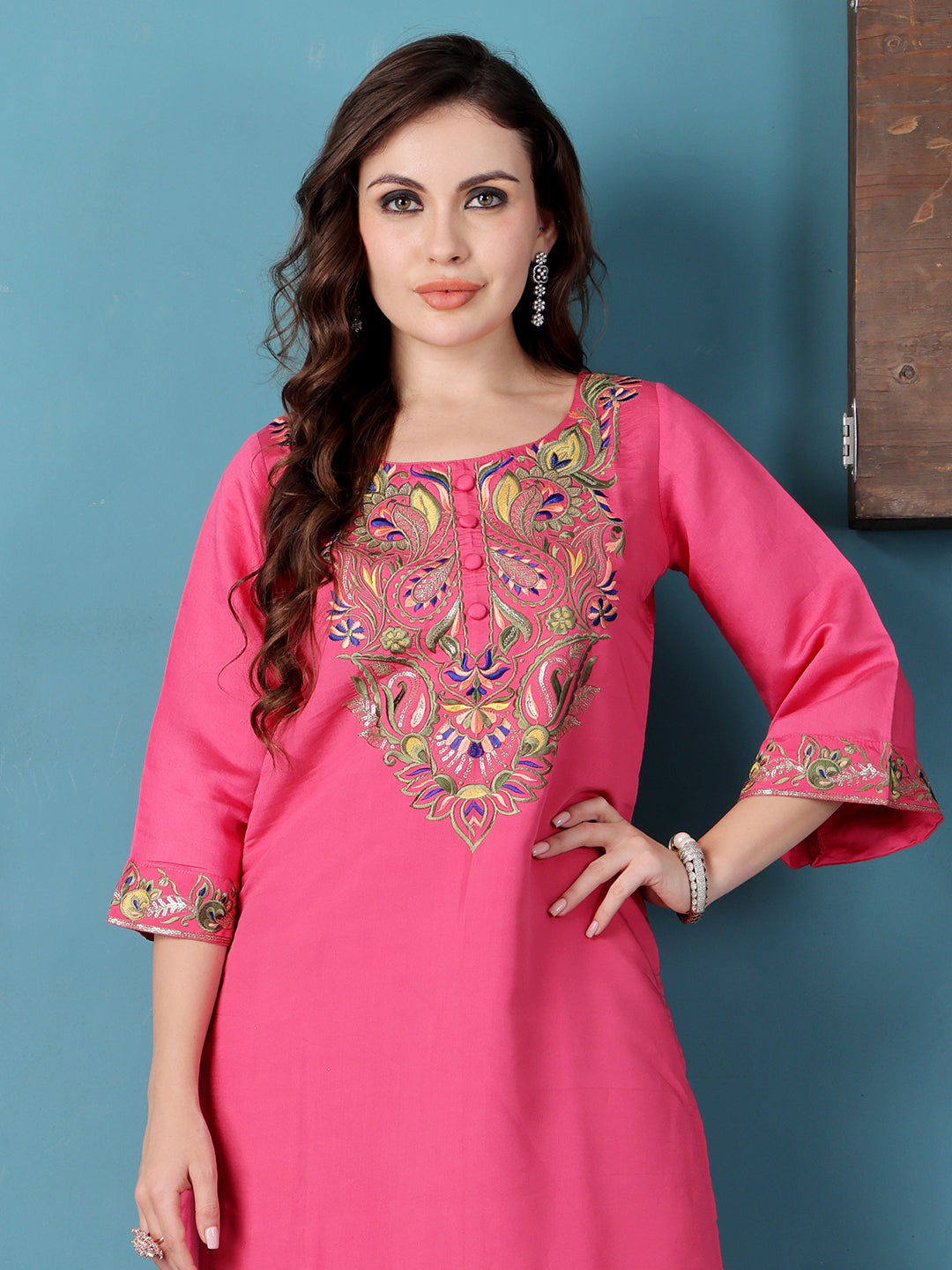 Bollywood Vogue Ready To Wear Pink Art Silk Embroidered Kurta Sets - Detail View