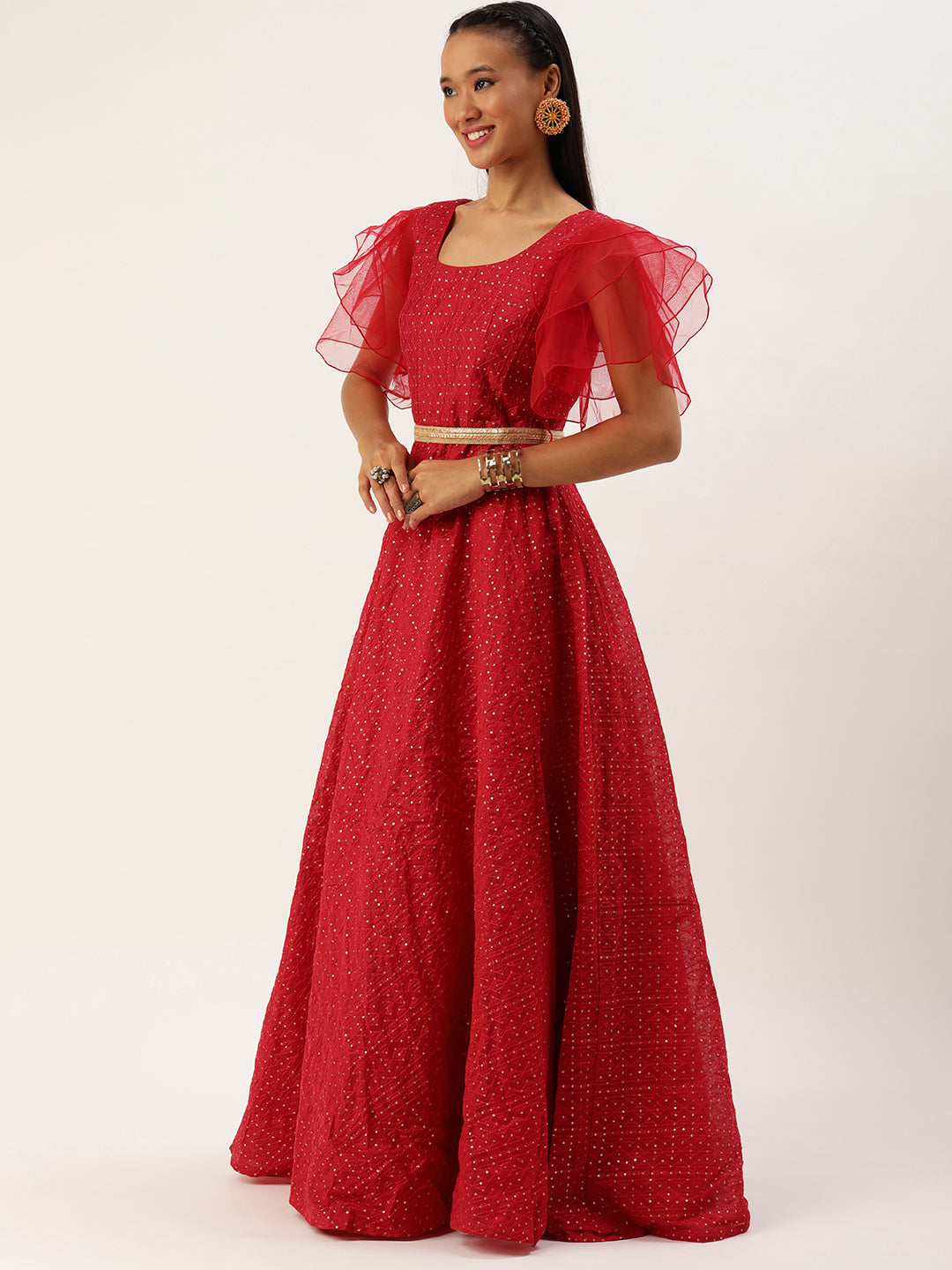 Bollywood Vogue Ready To Wear Dark Red Sequins Embroidered Gown - Detail View