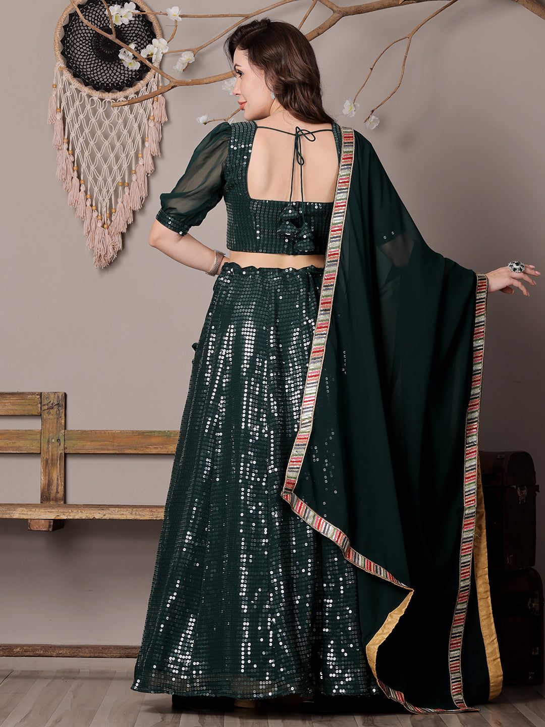 Bollywood Vogue Ready To Wear Green Georgette Embroidered Lehenga - Side View