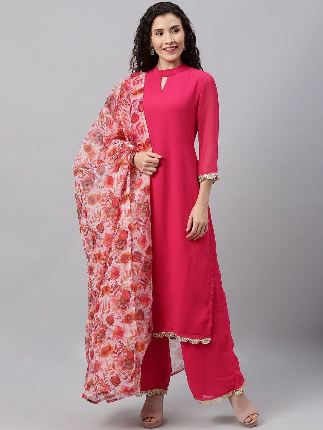 Bollywood Vogue Ready To Wear Pink N Multicolored Collar Neck Wide Leg Pant Set - Front View
