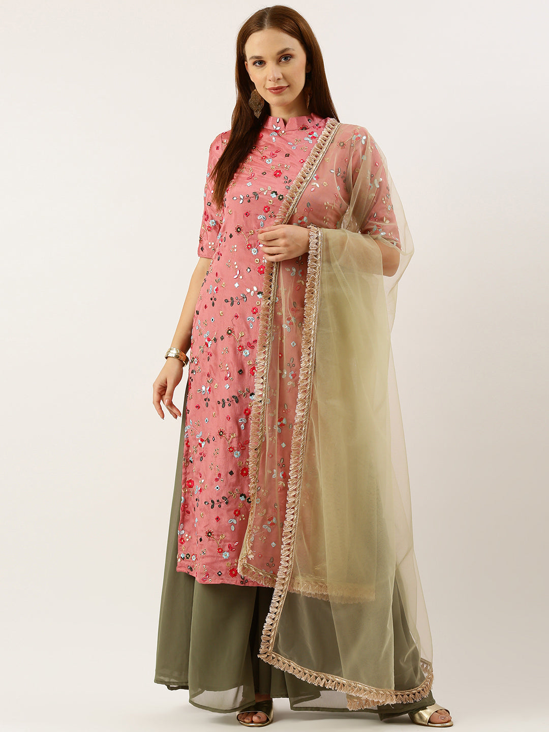 Bollywood Vogue Ready To Wear Rouge Pink Embroidered Collar Neck Palazzo Suit - Additional View 2