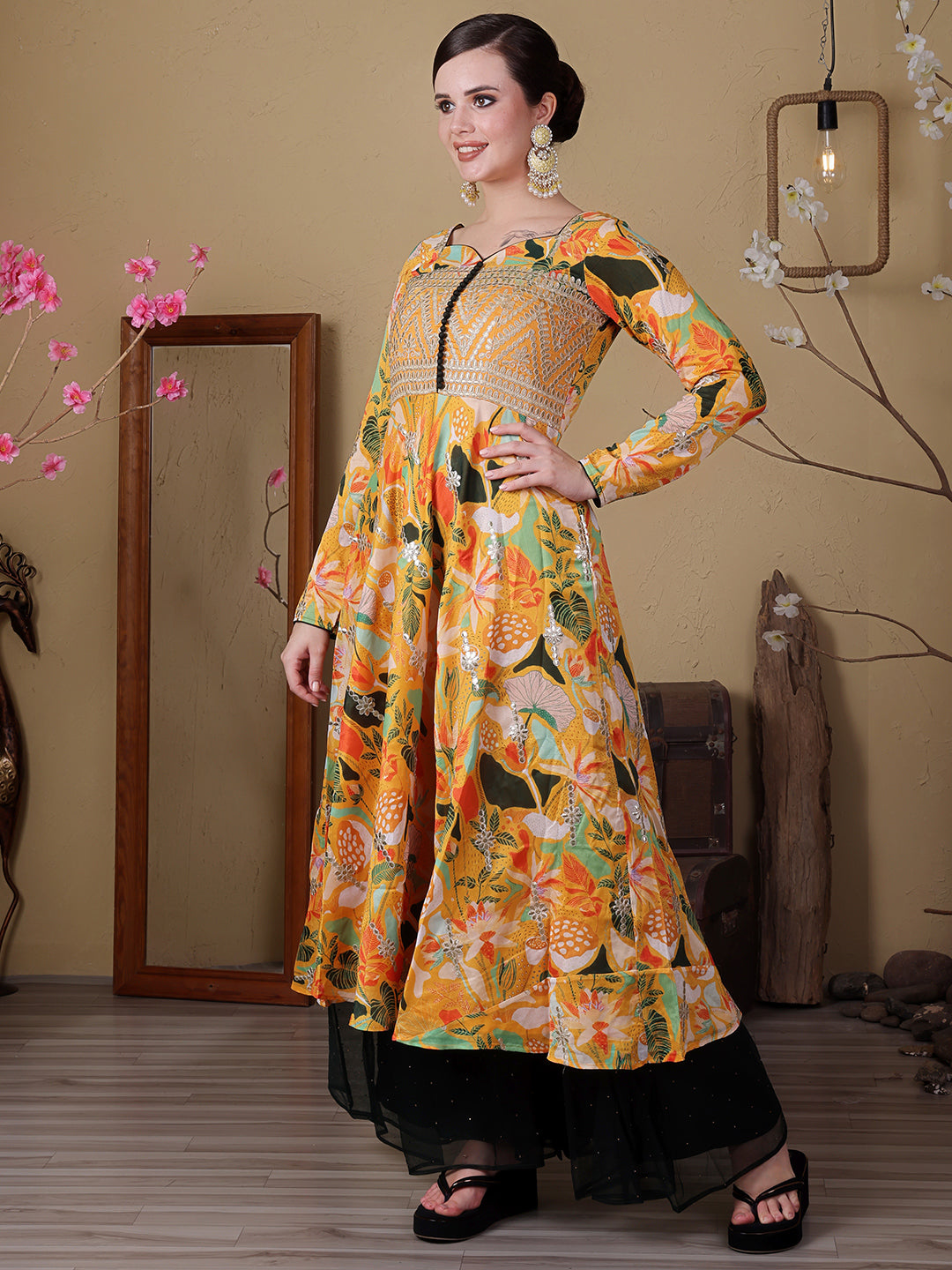 Bollywood Vogue Ready To Wear Green N Yellow Art Silk Embroidered Anarkali Suit - Side View