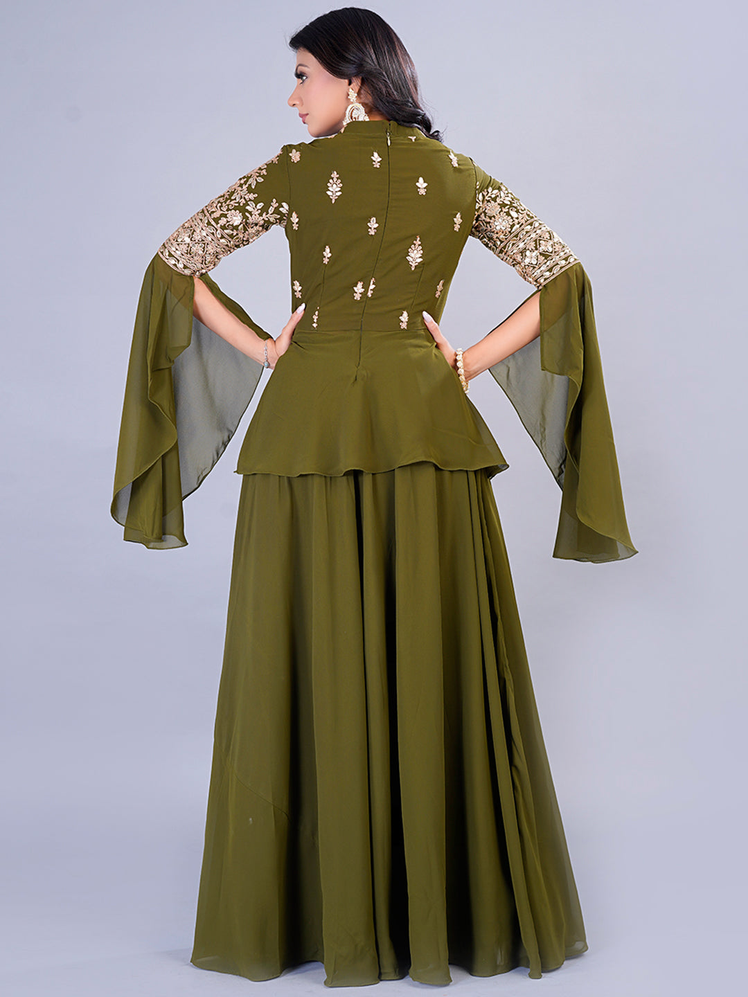 Bollywood Vogue Ready To Wear Green Embroidered Georgette Skirt Set - Back View