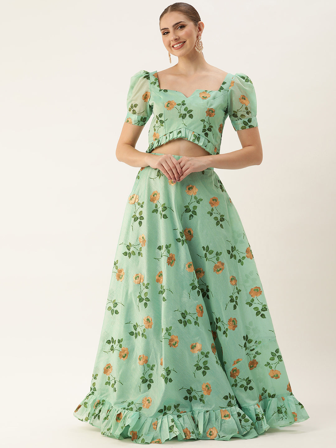 Bollywood Vogue Ready To Wear Green Art Silk Foli Print Co Ords Sets - Front View