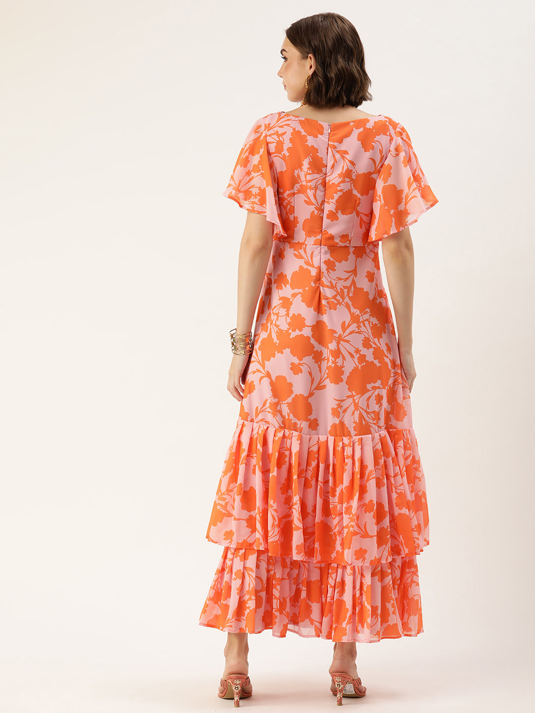 Bollywood Vogue Ready To Wear Pink N Orange Georgette Digital Printed Gown - Back View