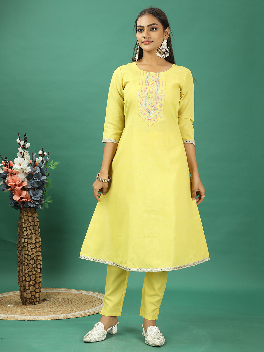 Bollywood Vogue Ready To Wear Yellow Rayon Embroidered Narrow Straight Pant Suit - Side View