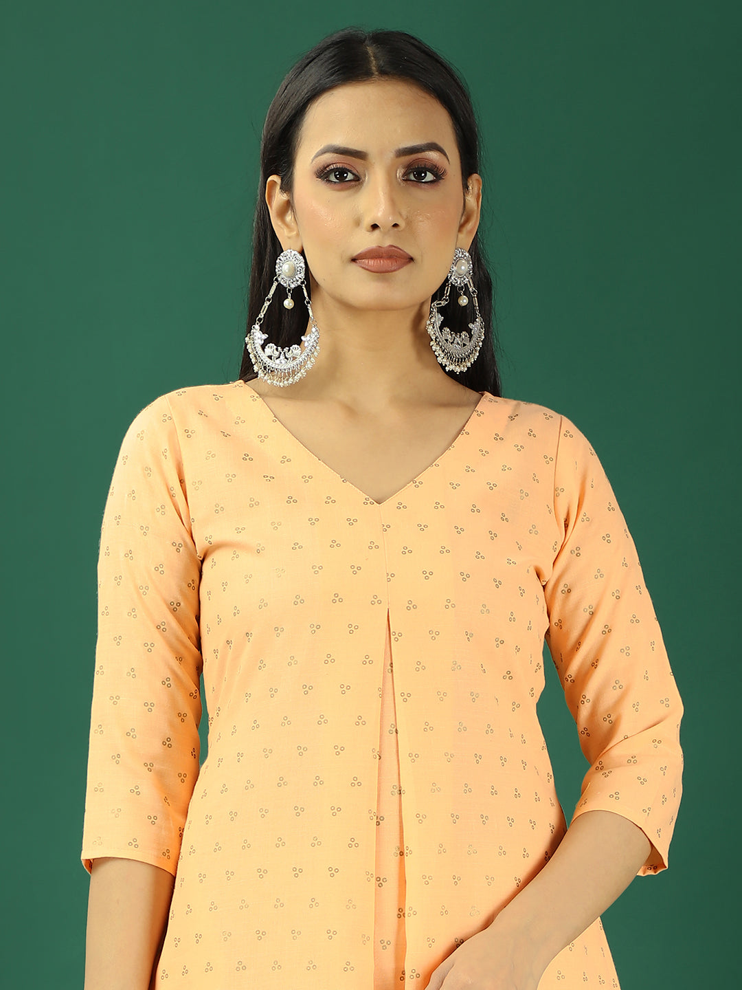 Bollywood Vogue Ready To Wear Peach Foil Printed Box Pleat Style Kurta Set - Side View