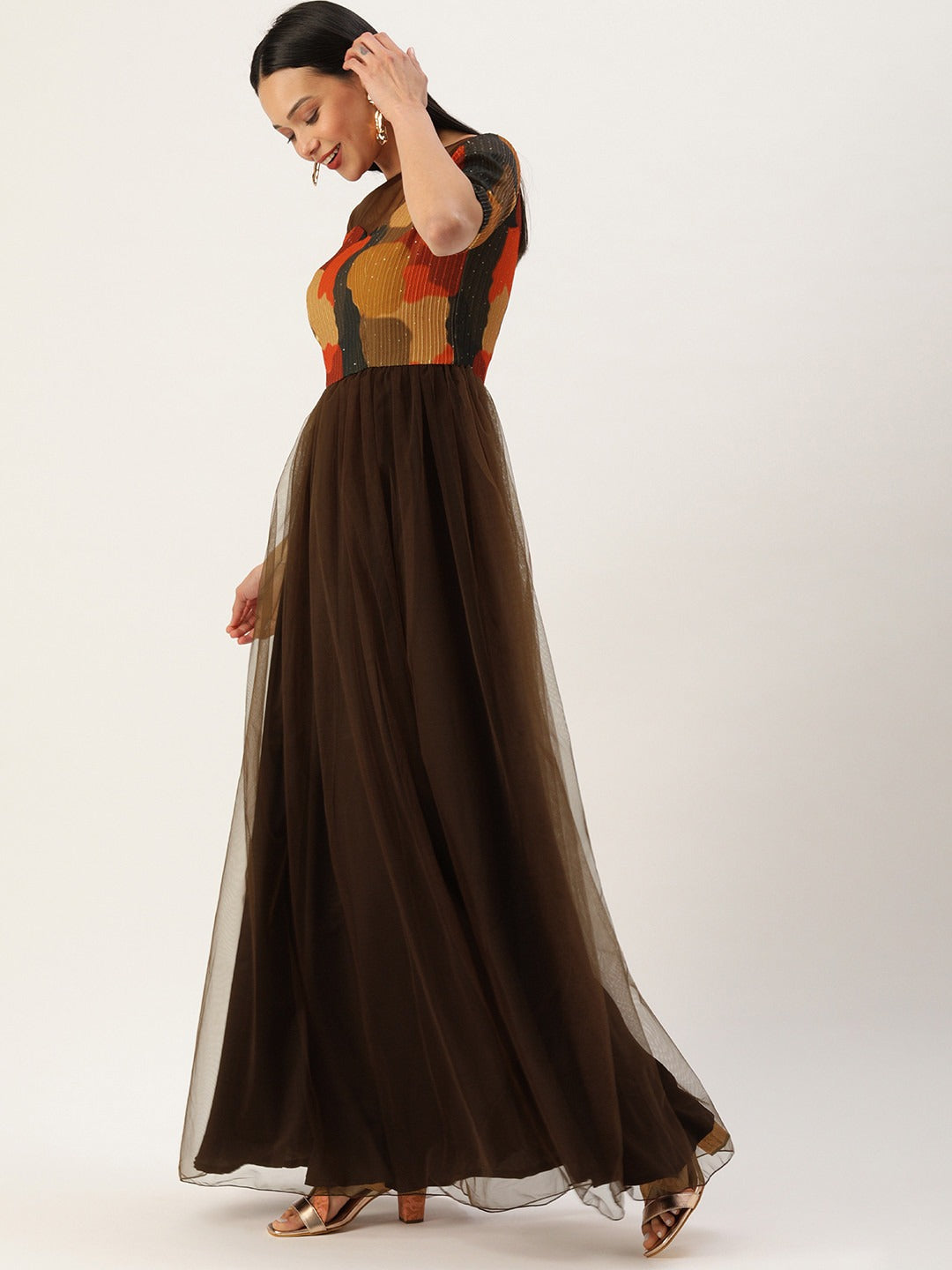 Bollywood Vogue Ready To Wear Multicolored Embroidered N Brown Net Gown - Side View