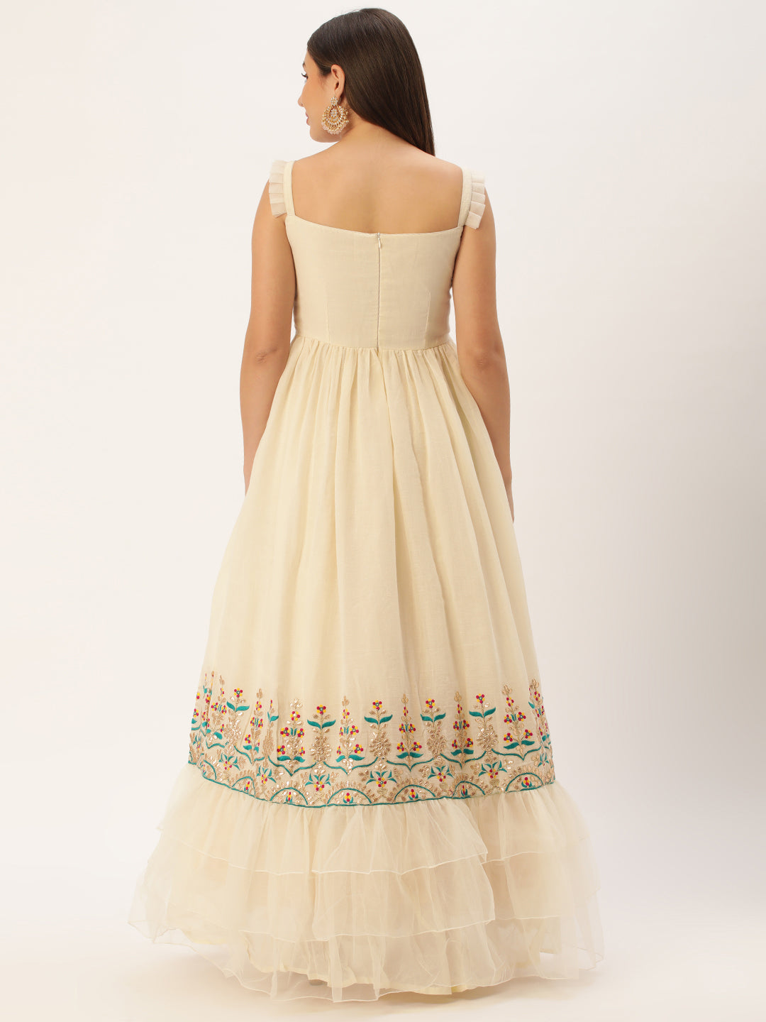 Bollywood Vogue Ready To Wear Off White Gota Patti Cotton Embroidered Gown - Back View