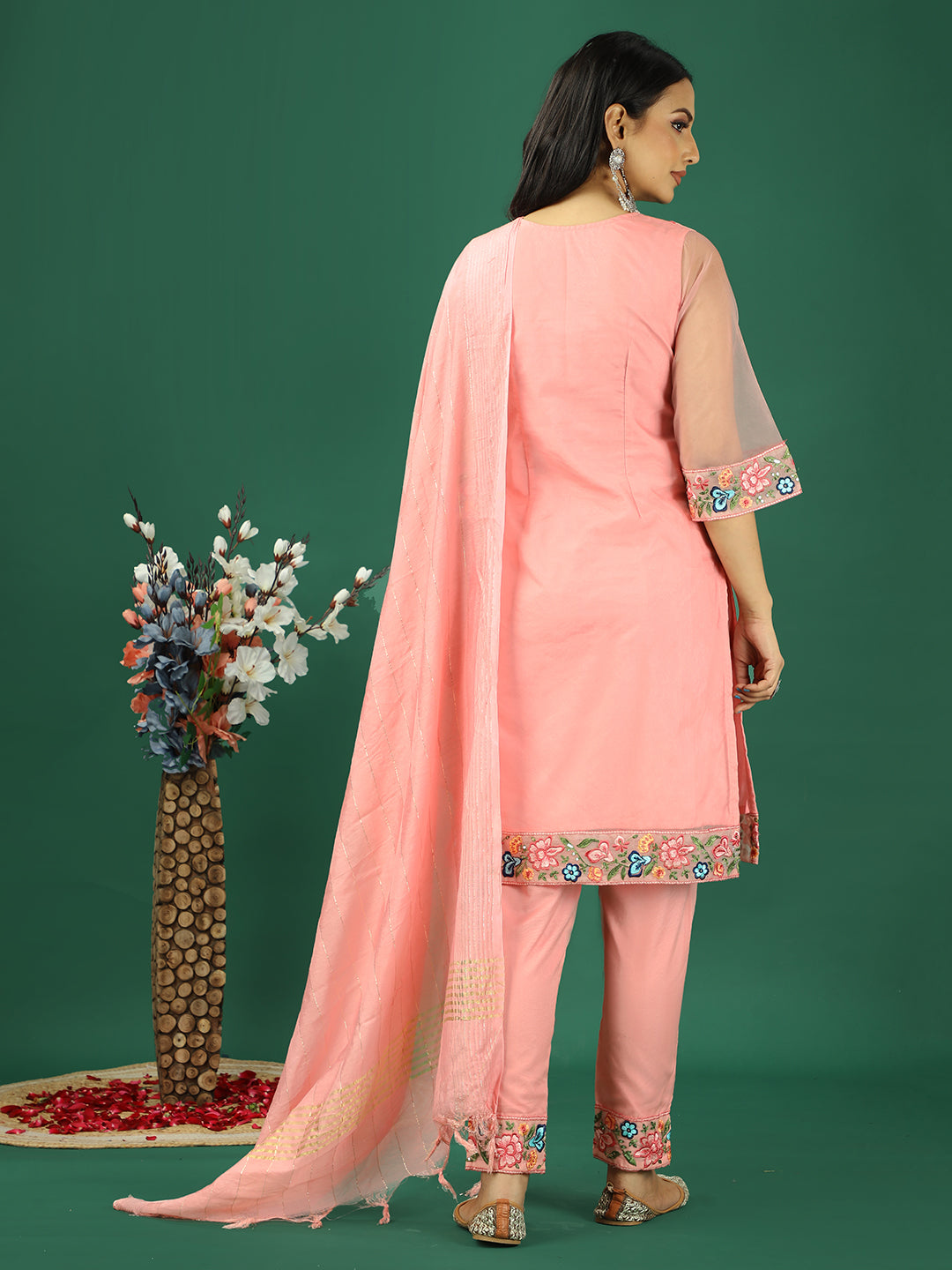 Bollywood Vogue Ready To Wear Pink Organza Embroidred Straight Pant Suit - Back View