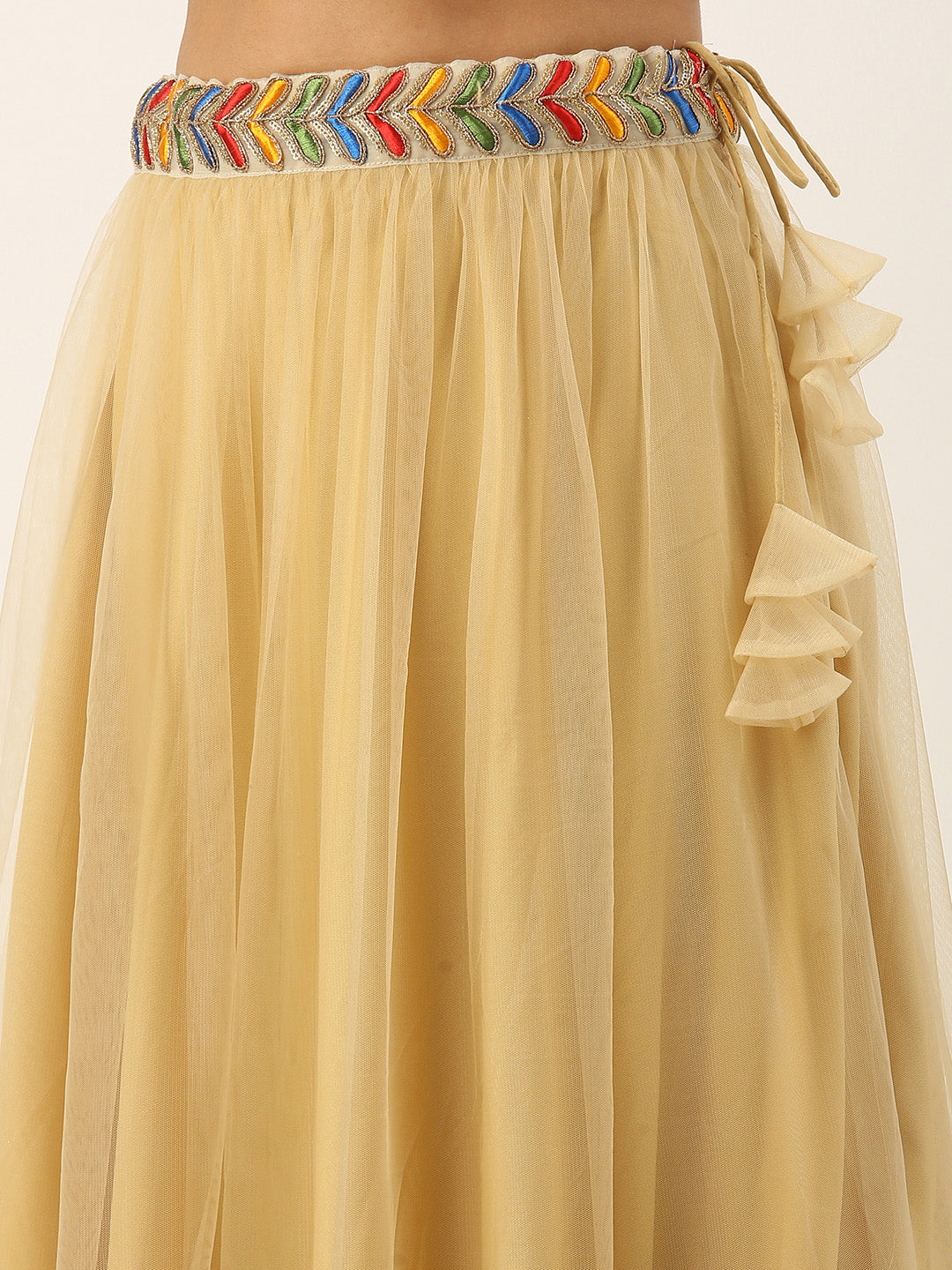 Bollywood Vogue Ready To Wear Beige Embroidered Tiered Gather Style Lehenga Set - Look Shot