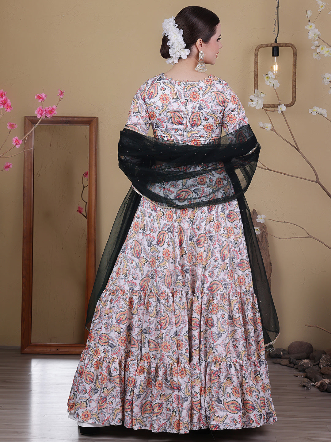 Bollywood Vogue Ready To Wear White Satin Digital Print Lehenga Set - Back View