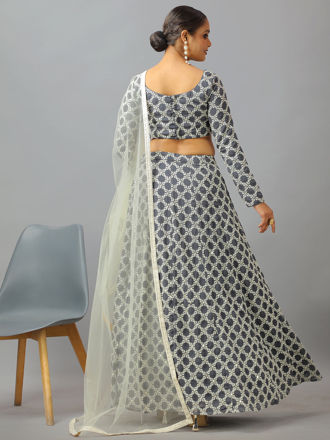 Bollywood Vogue Ready To Wear Grey Georgette Embroidered Lehenga Set - Back View
