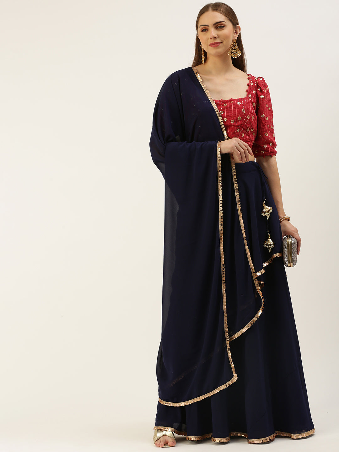 Bollywood Vogue Ready To Wear Dark Pink N Navy Blue Embroidered Lehenga - Side View