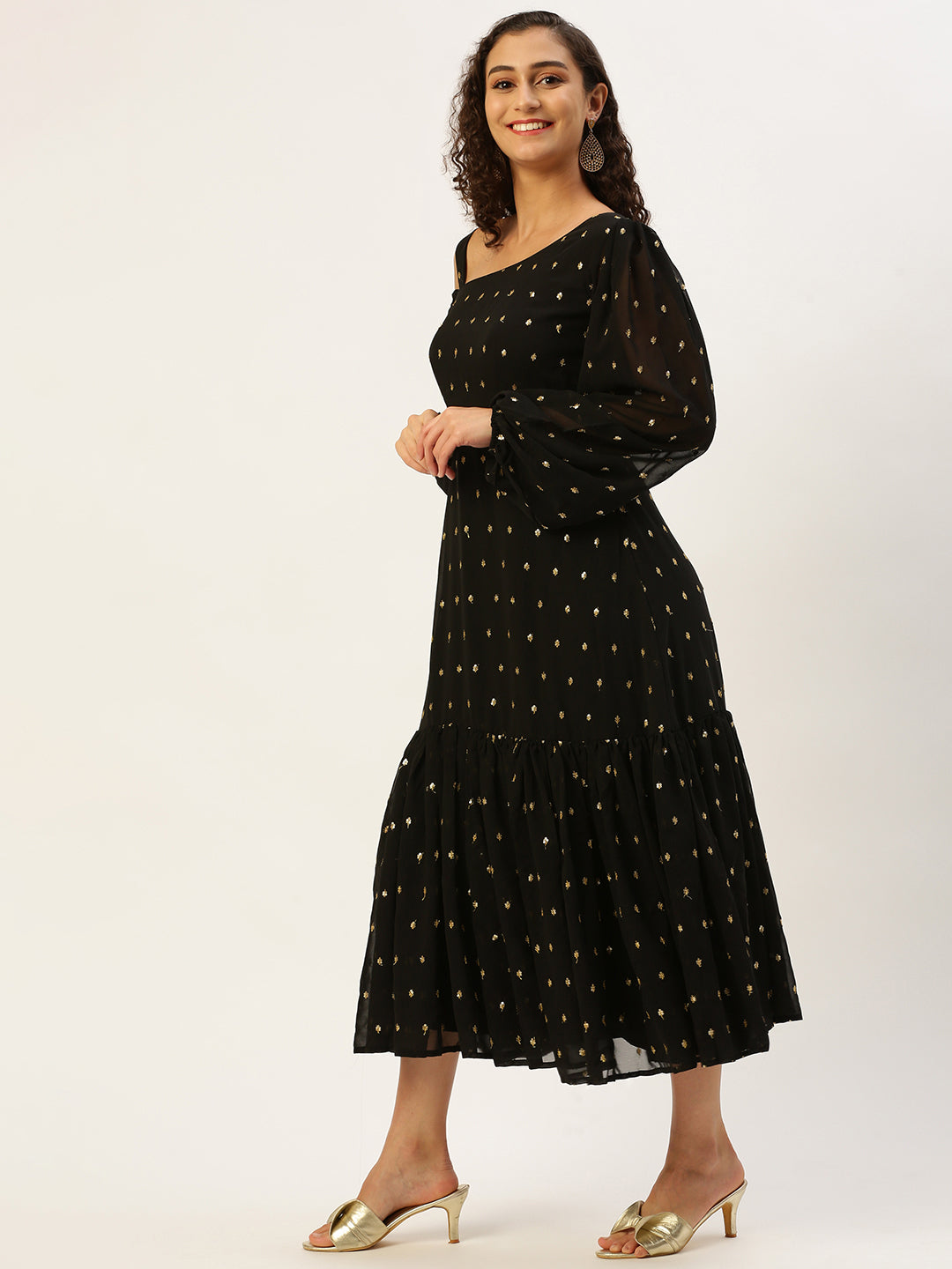 Bollywood Vogue Ready To Wear Black Georgette Embroidered Dress - Detail View