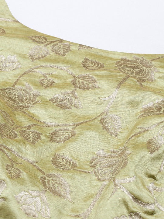 Bollywood Vogue Ready To Wear Green Brocade Boat Neck Flared Dress - Detail View