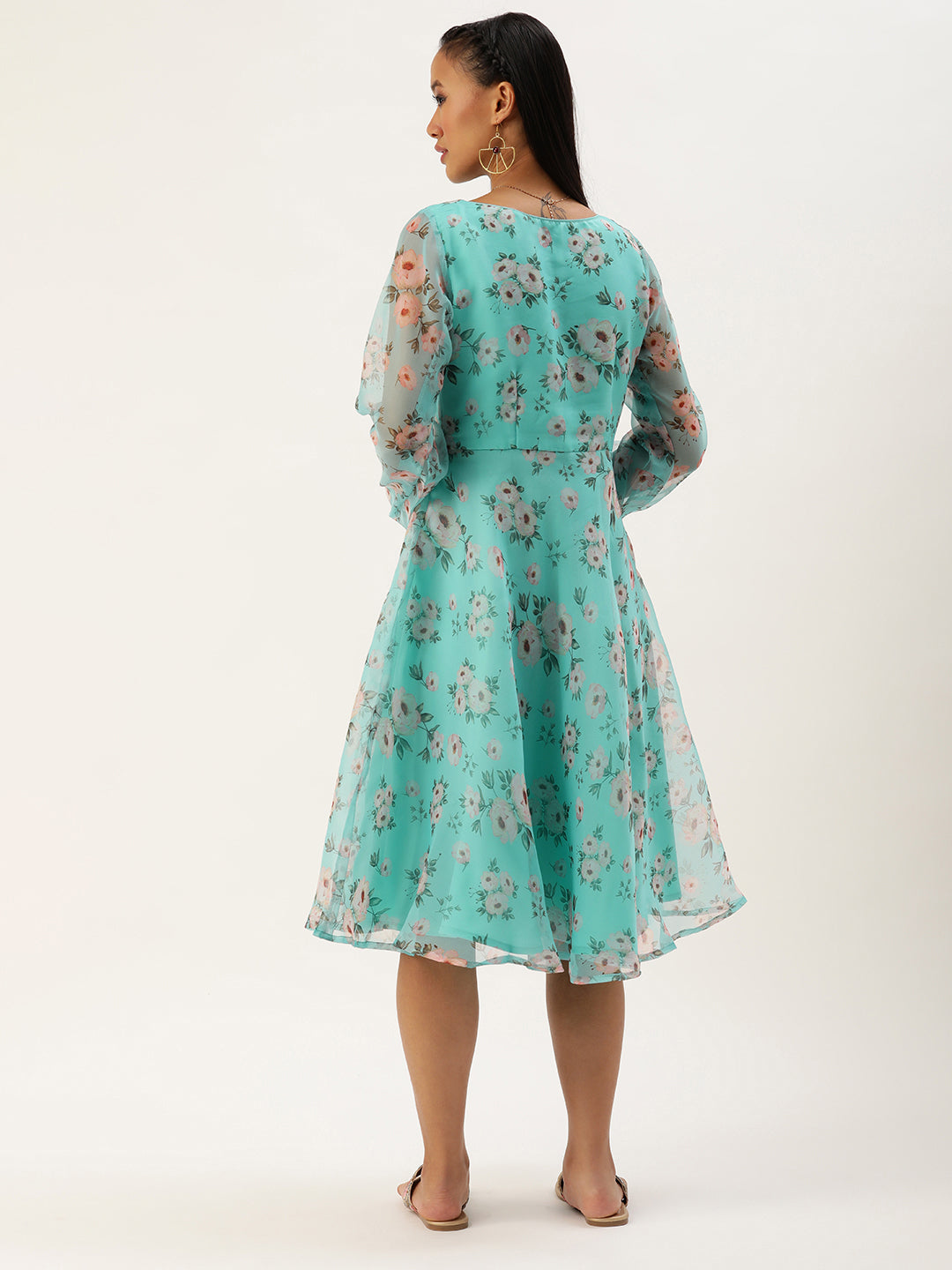 Bollywood Vogue Ready To Wear Blue Digital Printed Organza Dress - Back View