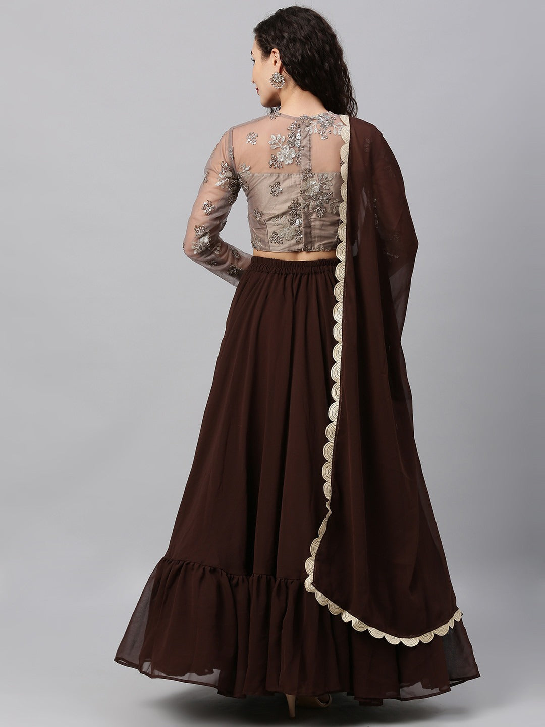 Bollywood Vogue Ready To Wear Grey Embroidered Net N Brown Lehenga Set - Back View