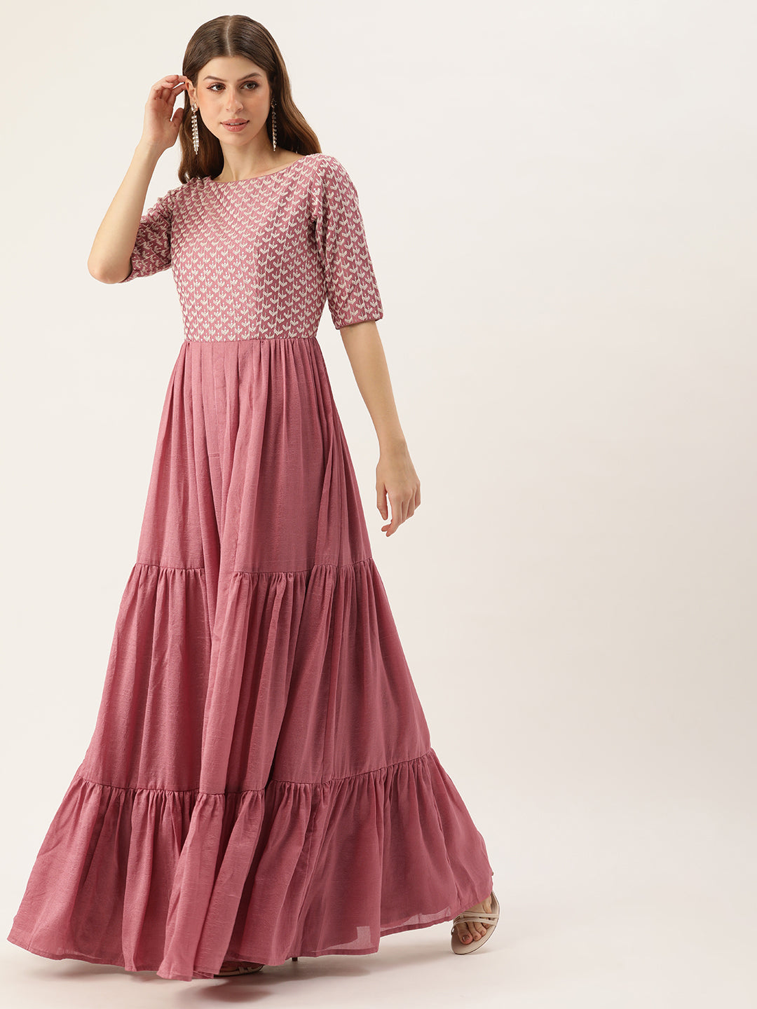 Bollywood Vogue Ready To Wear Mauve Embroidered Art Silk Tiered Gown - Side View