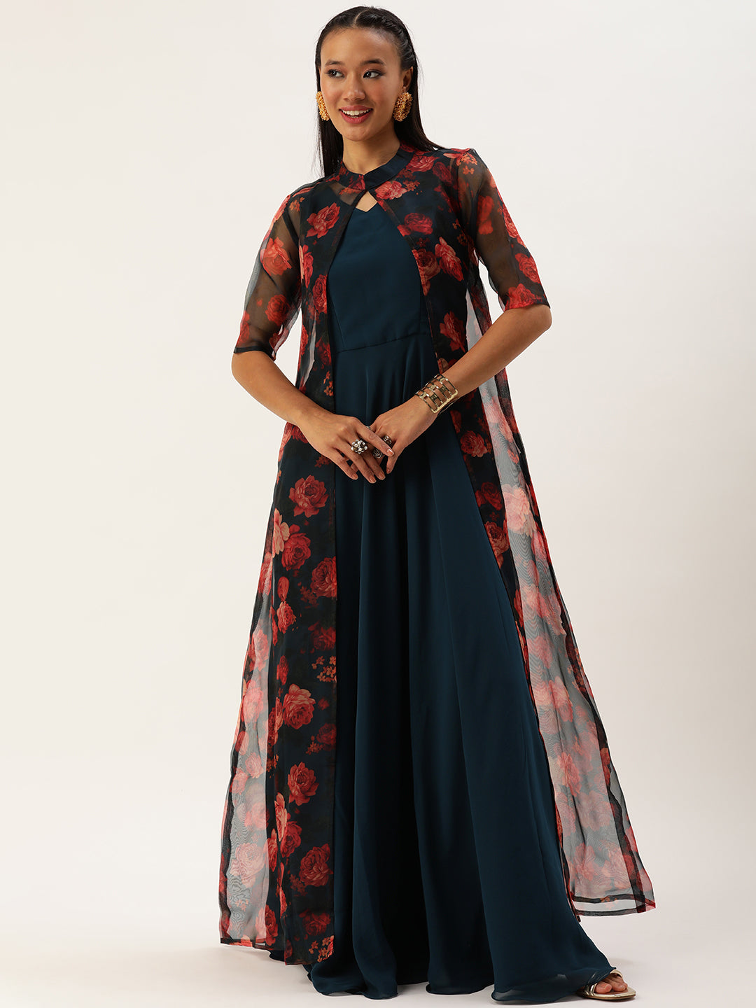Bollywood Vogue Ready To Wear Multicolored Organza Jacket N Teal Blue Dress - Front View