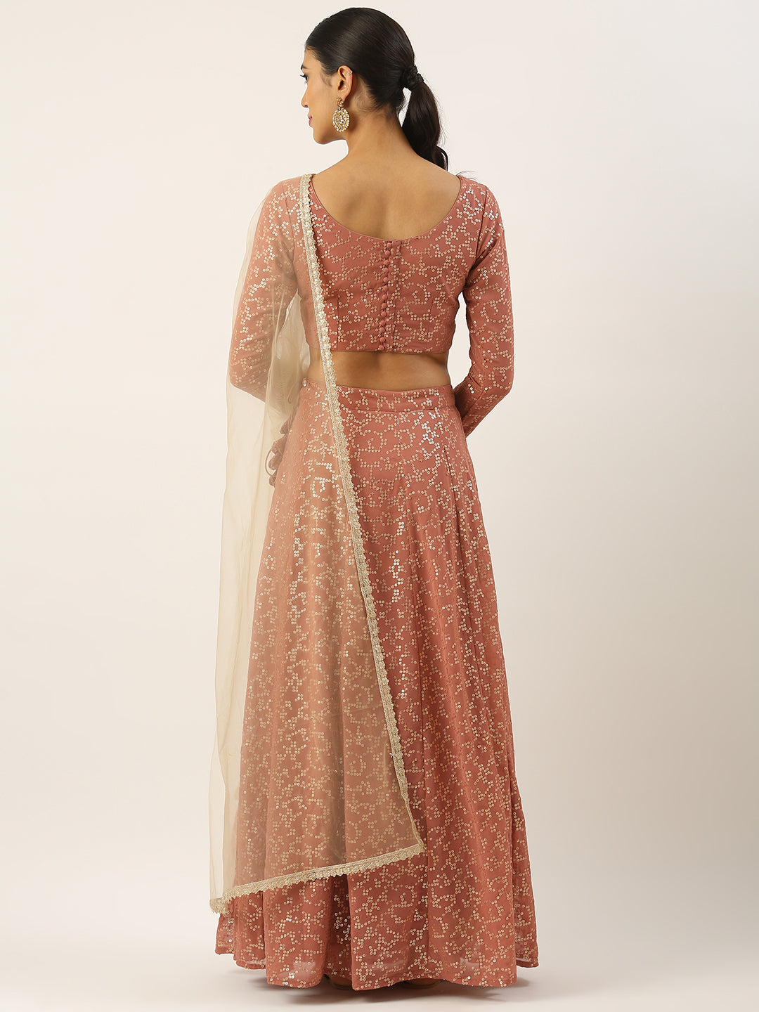 Bollywood Vogue Ready To Wear Pink Georgette Embroidered Lehenga Set - Back View