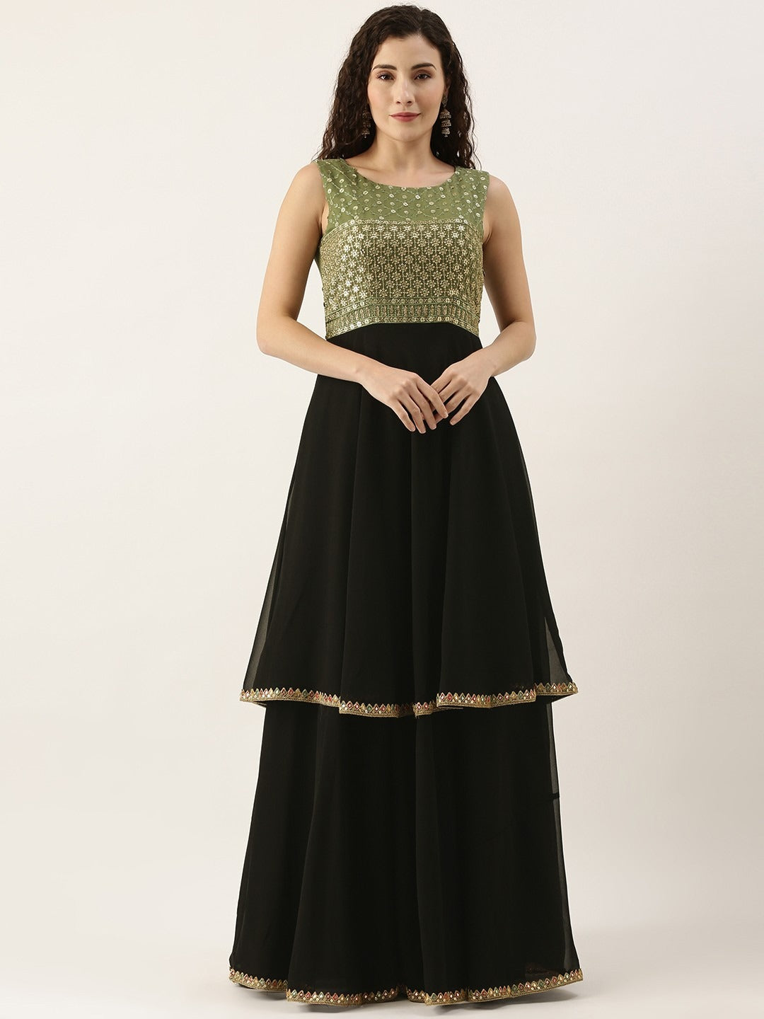 Bollywood Vogue Ready To Wear Black N Green Embroidered Layered Gown - Front View