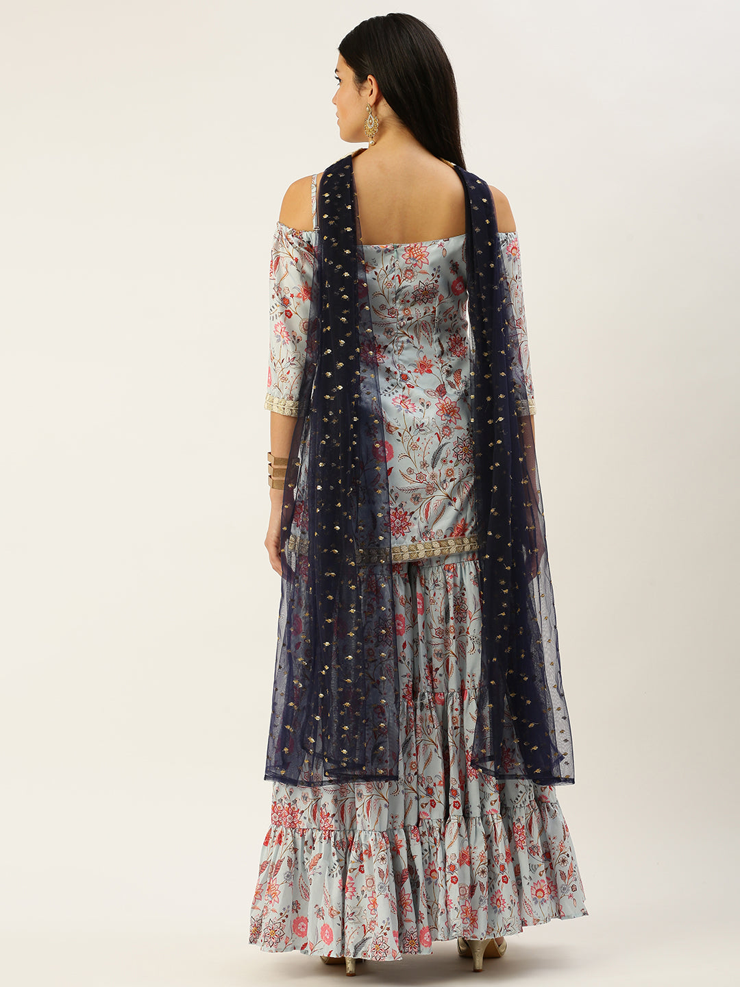 Bollywood Vogue Ready To Wear Pale Blue Lily Art Silk Printed Gharara Set - Back View
