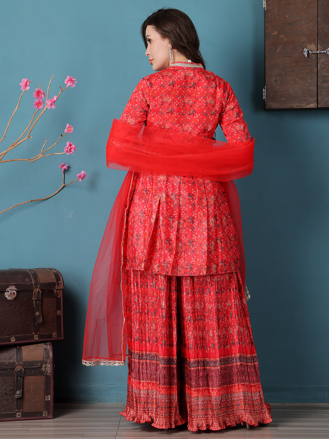 Bollywood Vogue Ready To Wear Red Chinon Digital Printed Palazzo Suit - Back View