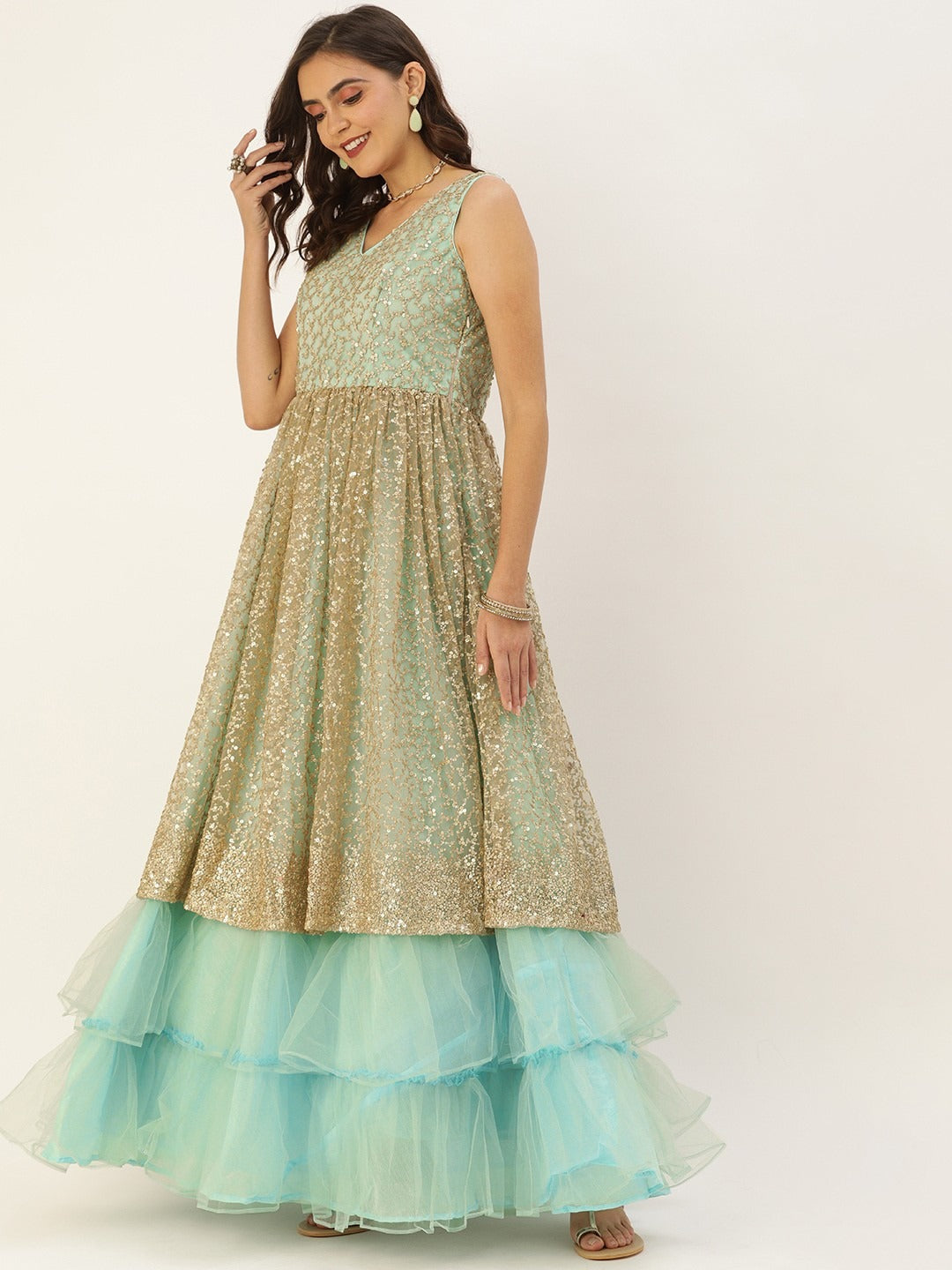 Bollywood Vogue Ready To Wear Blue N Beige Embroidered V Neck Bridal Gown - Look Shot
