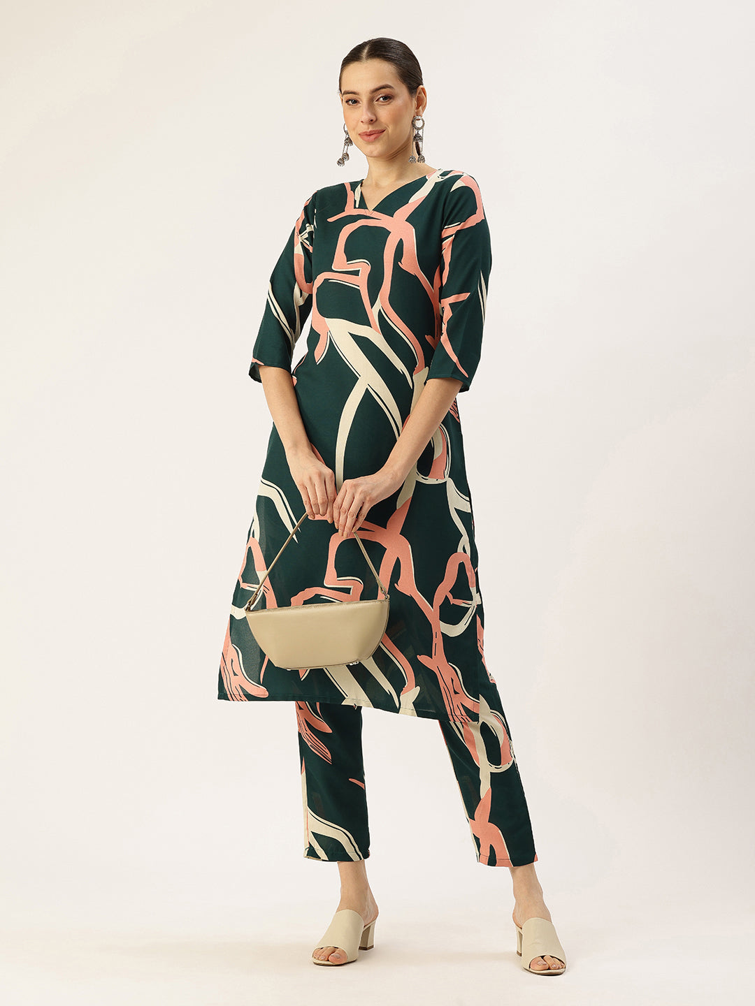 Bollywood Vogue Ready To Wear Green Rayon Printed Kurta Set - Back View