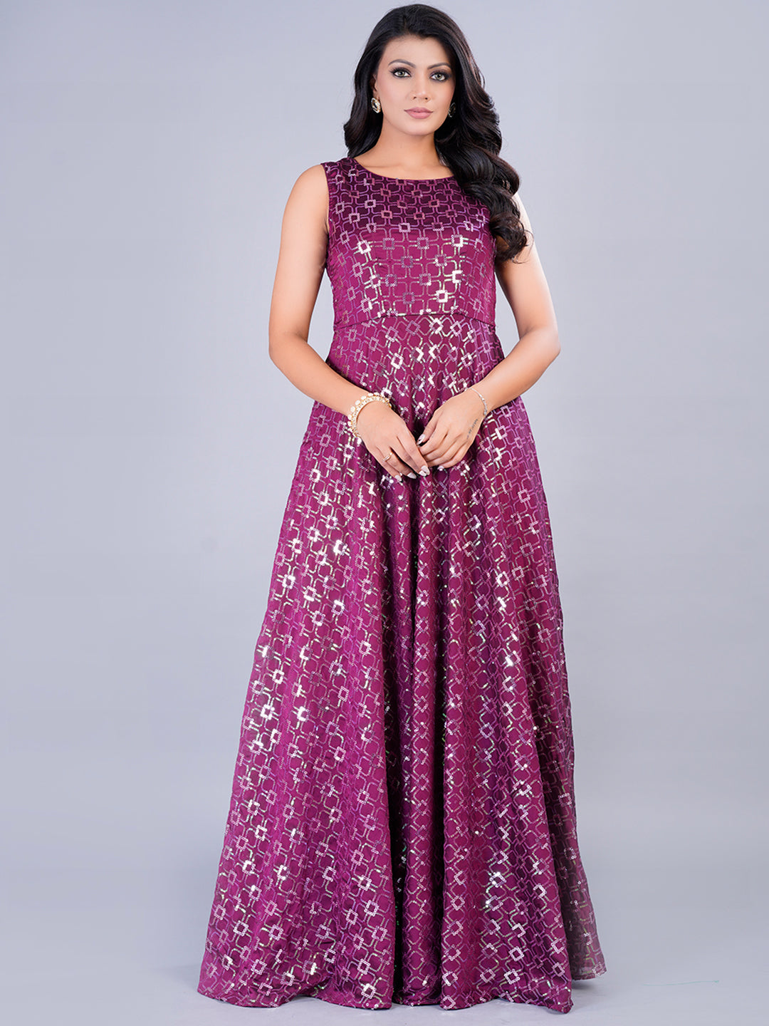Bollywood Vogue Ready To Wear Wine Rangoli Embroidered Indo Western Gown - Detail View
