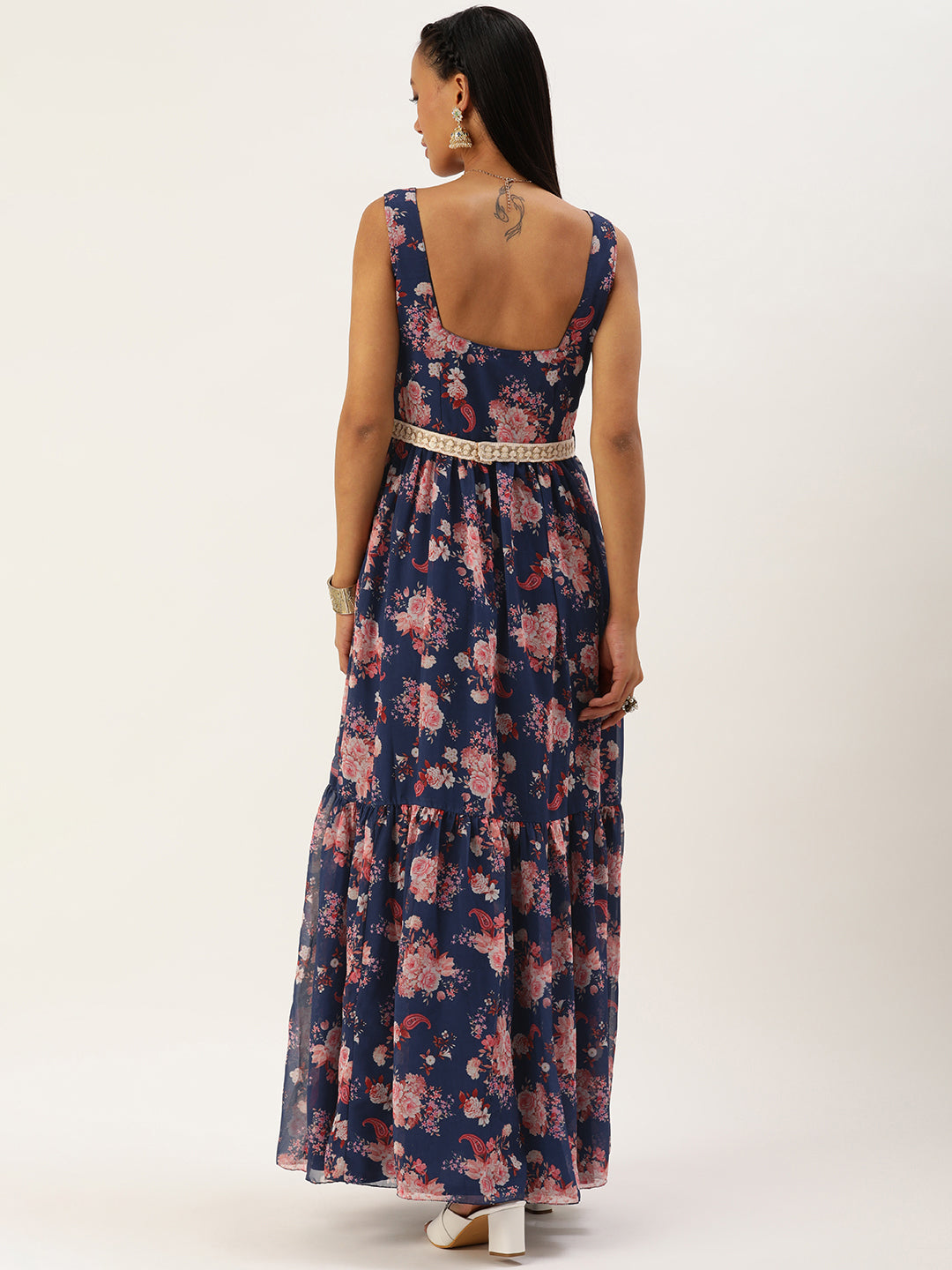 Bollywood Vogue Ready To Wear Blue Georgette Digital Printed Tiered Dress - Back View