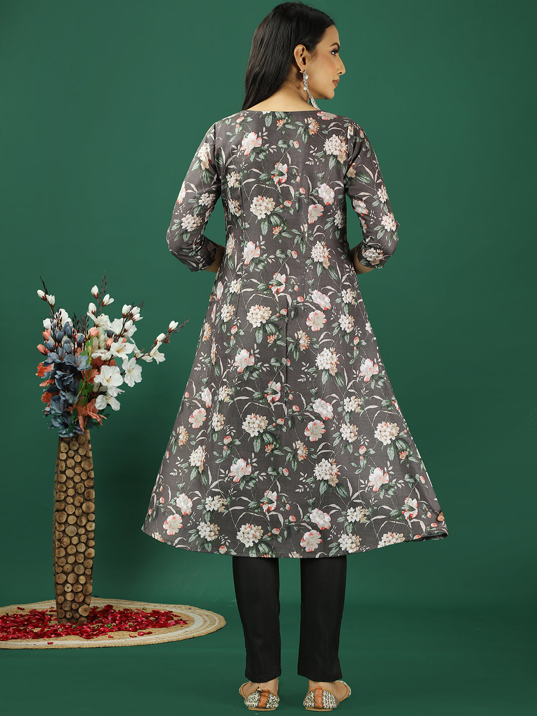 Bollywood Vogue Ready To Wear Grey Printed Cotton Box Pleat Style Kurta Set - Back View