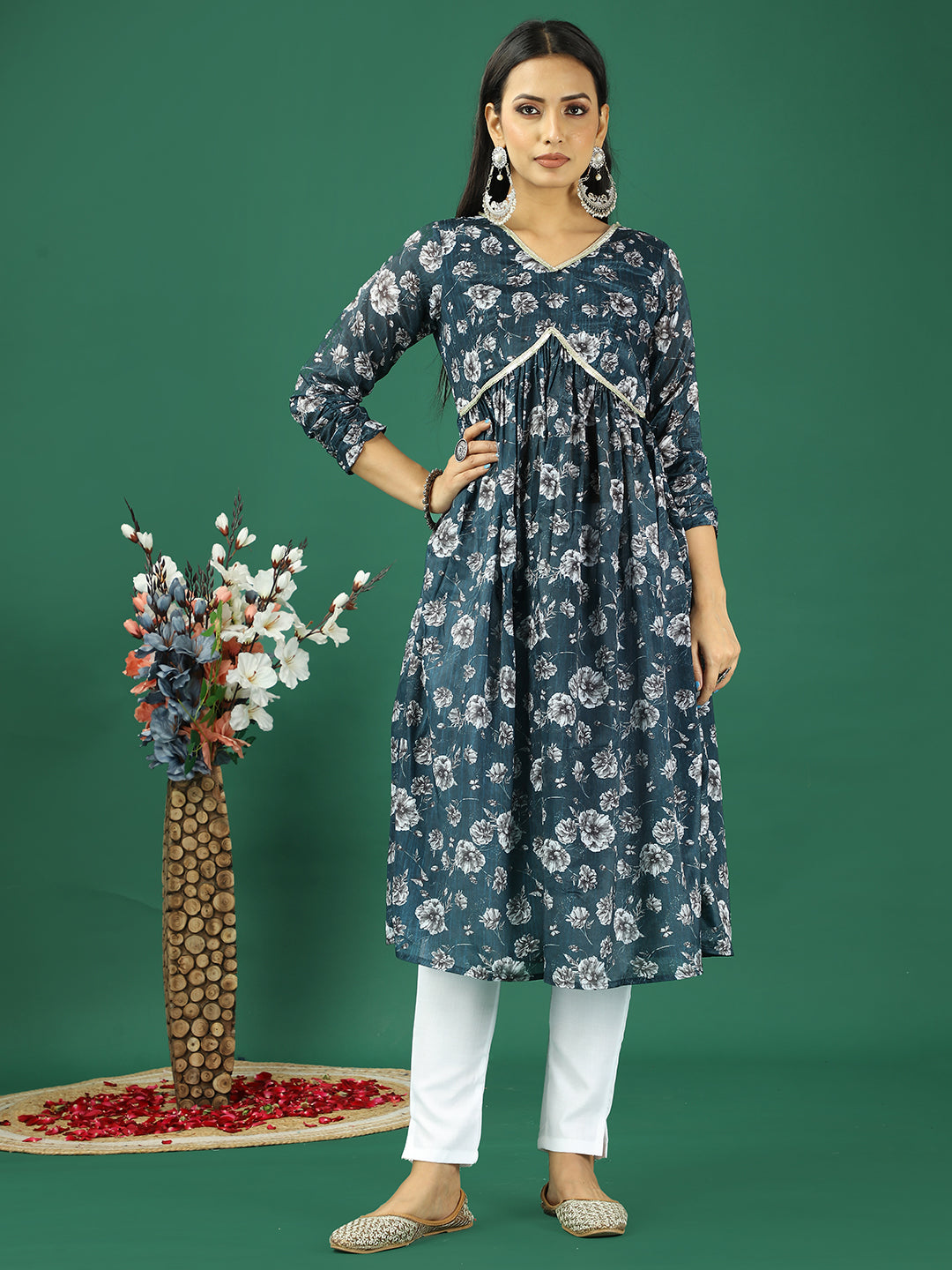 Bollywood Vogue Ready To Wear Blue Chinon Printed Gathered Style Kurta Set - Front View