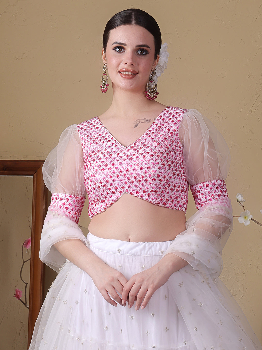 Bollywood Vogue Ready To Wear Off White Embroidered Georgette N Net Lehenga Set - Look Shot