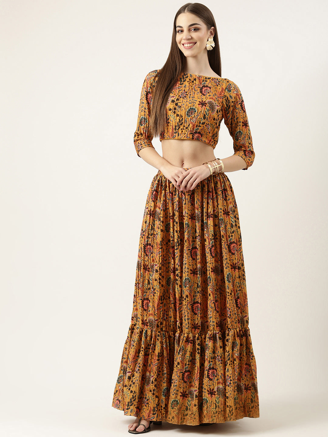 Bollywood Vogue Ready To Wear Yellow chinon Foil Printed Skirt Set - Front View