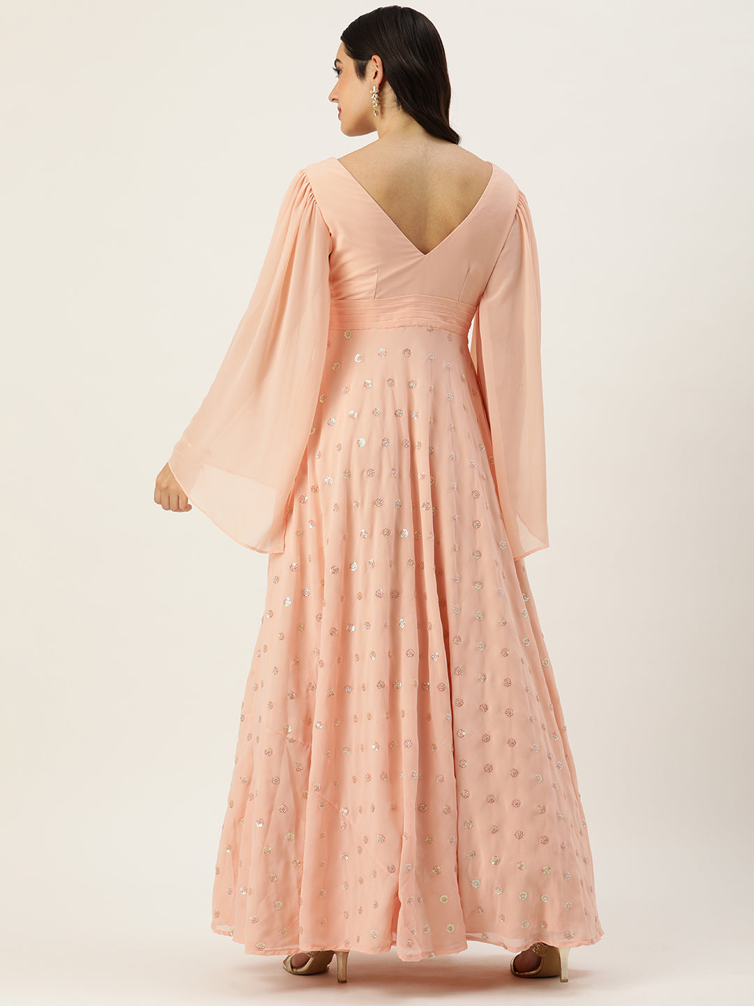 Bollywood Vogue Ready To Wear Peach Embroidered Georgette Overlapped Gown - Side View