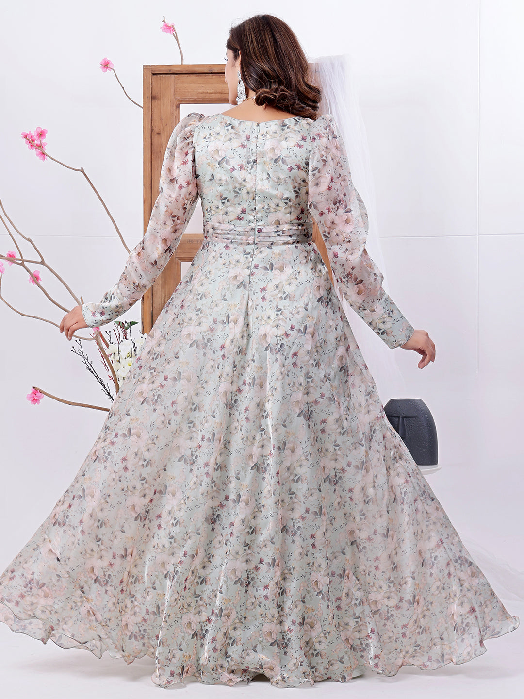 Bollywood Vogue Ready To Wear Multicolored Organza Satin Overlapped Style Gown - Back View