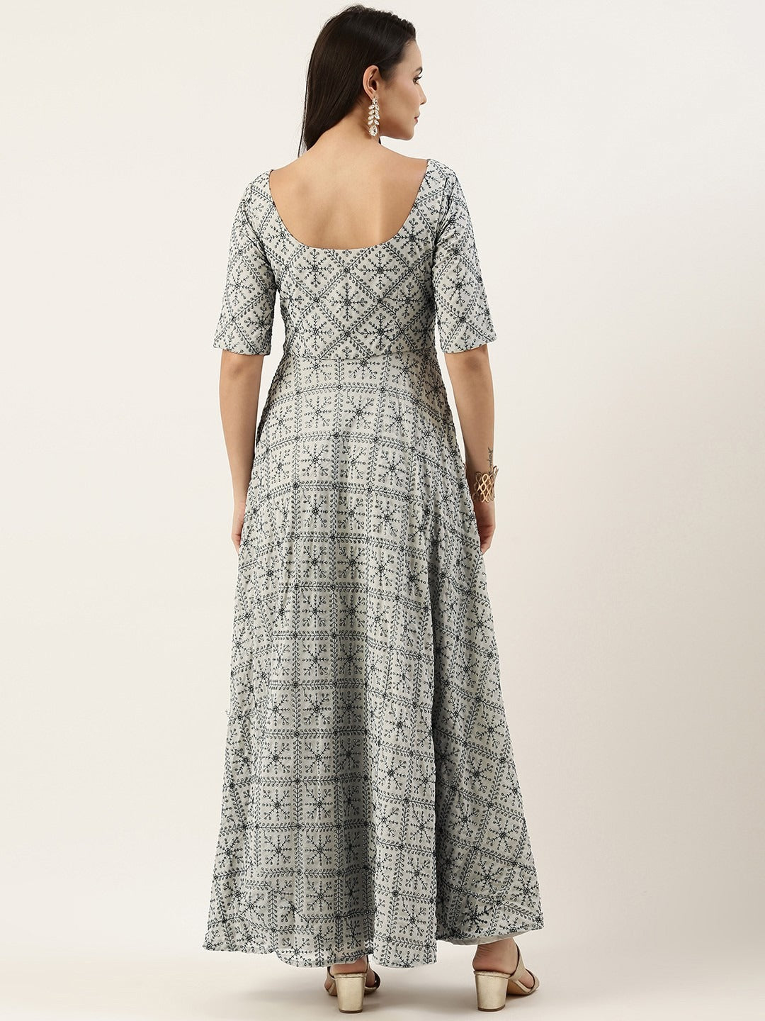 Bollywood Vogue Ready To Wear Grey Embroidered Ankle Length Gown - Back View